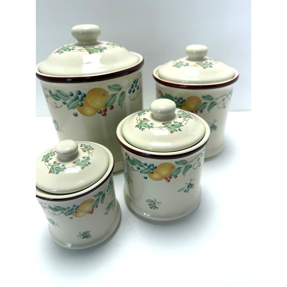 Canister Set Ceramic Fruit Pattern Abundance Storage Jars Farmhouse Country 4 Pc